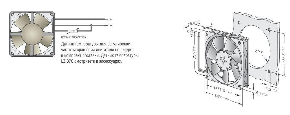 Присоединительные размеры и схема электрического подключения Ebmpapst 8412NGLV 80x80x25