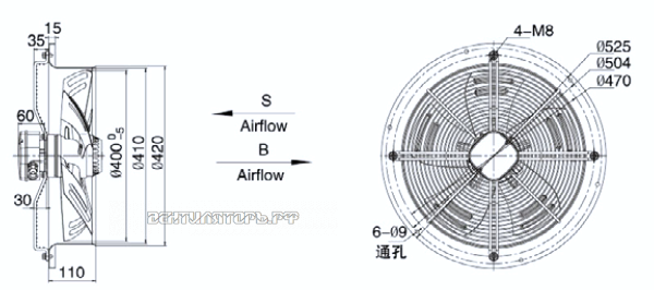Габариты Weiguang YWF-4D-400-S-102/60-R
